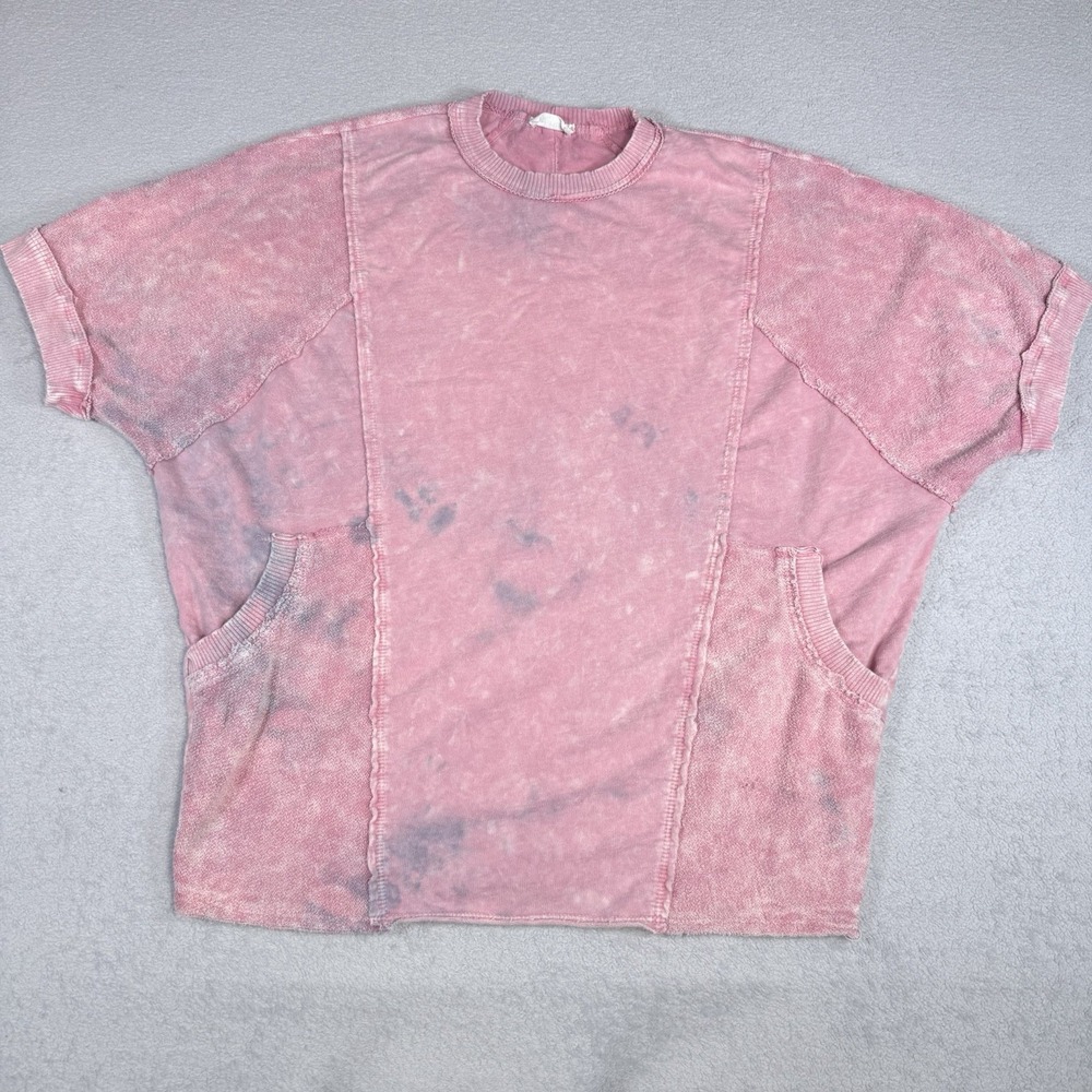 J.HER Womens S Pink Acid Wash Oversized T Shirt Exposed Seams Pocket Y2K